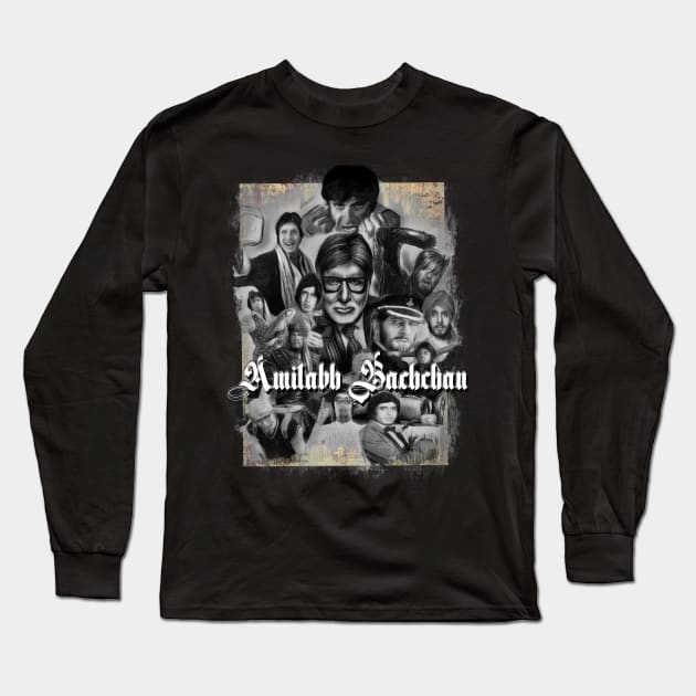 Amitabh Bachchan Collage Long Sleeve T-Shirt by SAN ART STUDIO 